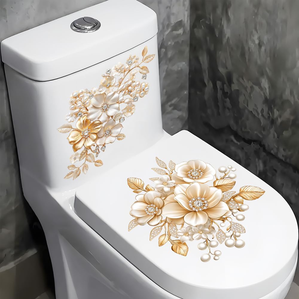 Golden Peony Flowers Toilet Cover Sticker Decals - Self-Adhesive Bathroom Wall Decor | Easy to Apply