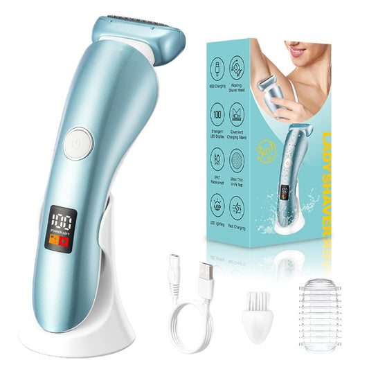 Electric Razors for Women, Bikini Trimmer Wet & Dry Use, Painless Pubic Hair Trimmer, Rechargeable Electric Shaver for Legs, Face, Pubic Hair, Underarms with Detachable Head, Blue