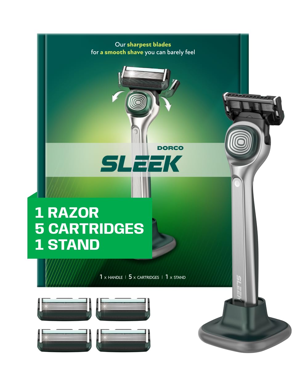 DORCO Sleek 6 Blade Razor for Men - Multi-Flex Technology for a Smooth Shave | Includes Handle, Stand & 5 Cartridges