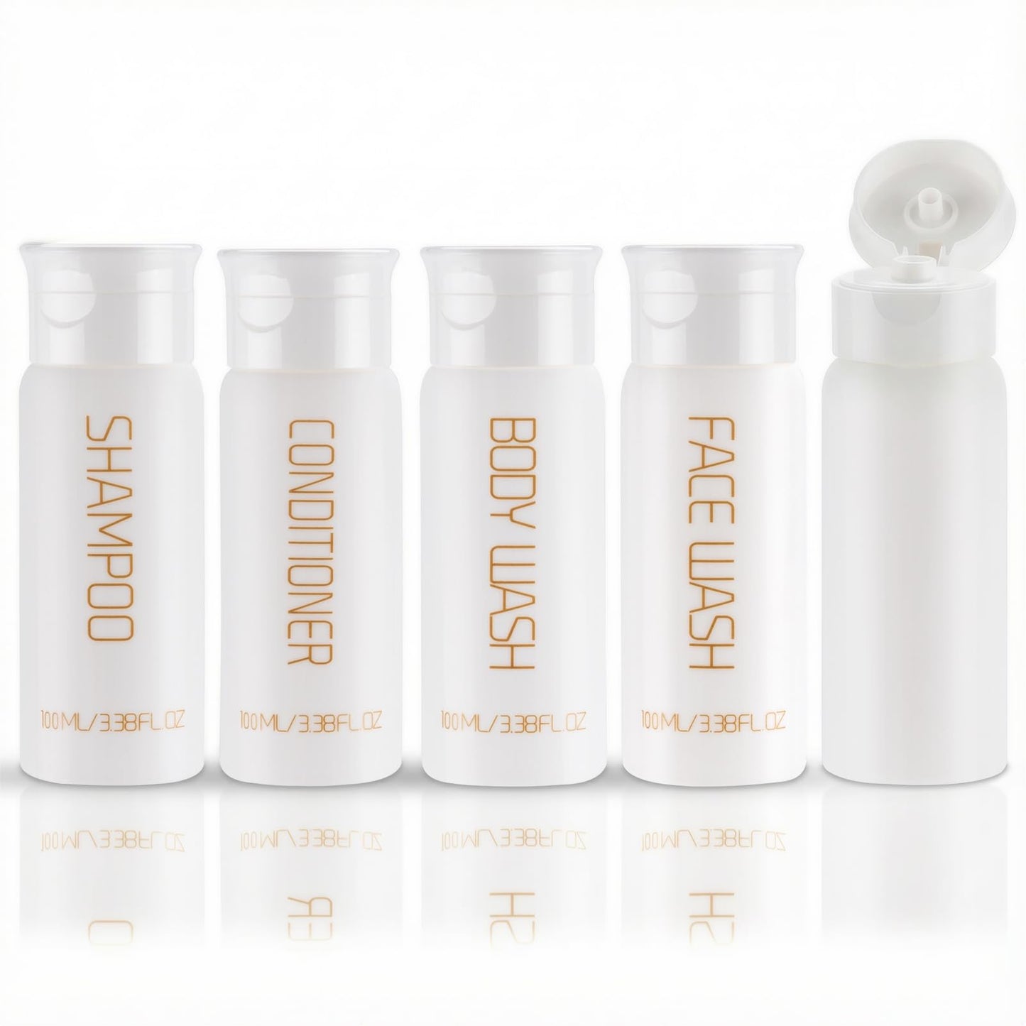 Wowang Travel Bottles for Toiletries 5 PCS 3.38 oz/100ml TSA Approved Leak Proof HDPE Plastic Containers with Pre-Printed Text (No Stickers Needed), Refillable Squeeze Bottle for Shampoo & Lotion