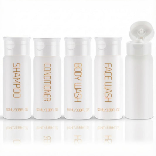 Wowang Travel Bottles for Toiletries 5 PCS 3.38 oz/100ml TSA Approved Leak Proof HDPE Plastic Containers with Pre-Printed Text (No Stickers Needed), Refillable Squeeze Bottle for Shampoo & Lotion