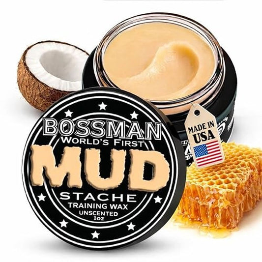 Bossman MUDstache Unscented Mustache Wax for Men (1 oz) ? Strong 24-Hour Hold, Non-Tacky & Easy to Apply for Taming & Styling