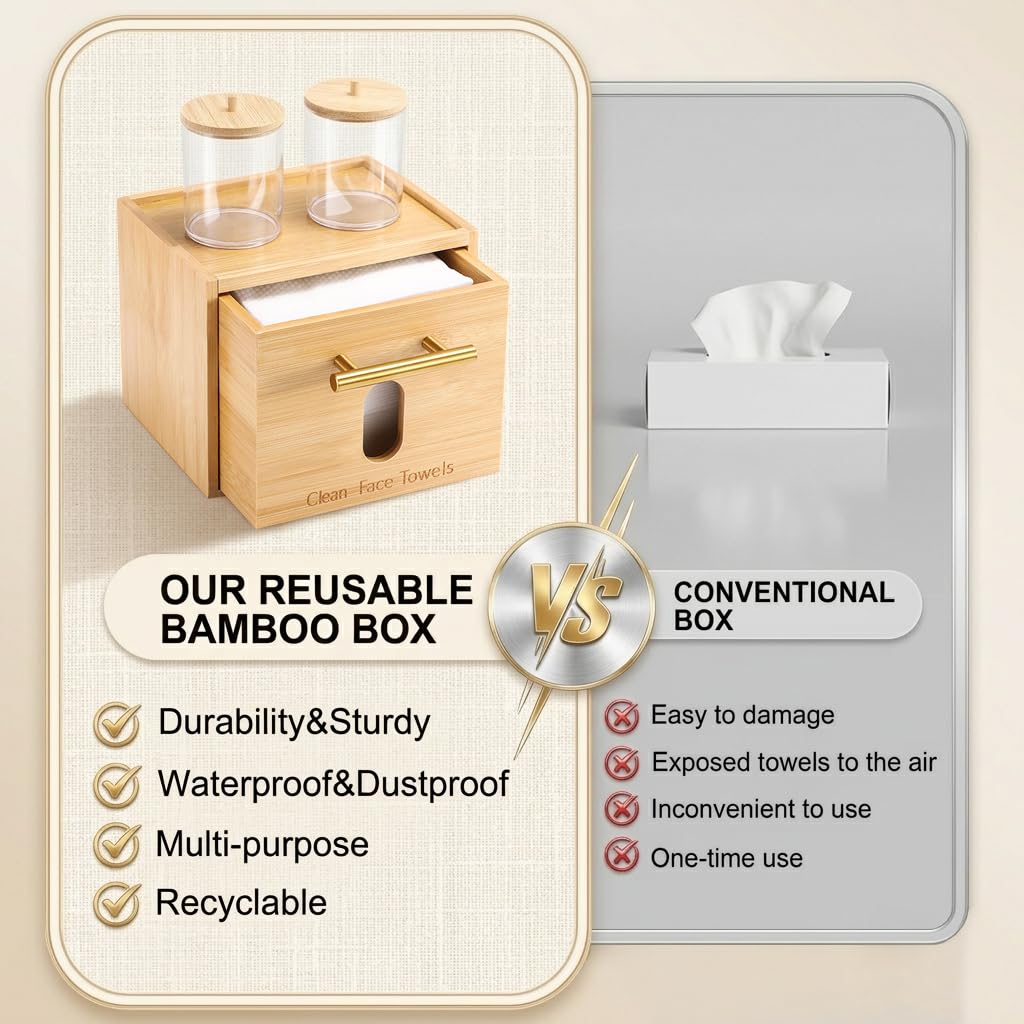 BSSN Face Towel Holder Bamboo Disposable Clean Towels Holder with Cotton Swab Box and 60ct Towels, Wall Mounted & Countertop Skincare Organizer, Bathroom Vanity Storage for Face Tissues & Makeup Pads