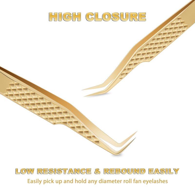EKYSSO Lash Tweezers Set, Pack of 2 Eyelash Extension Tweezers, High Precision Tweezers for Classic, Volume & Mega Volume Lashes, Lash Extension Supplies, Lash Artist Must-Have Tools (Gold, 2 Pack)
