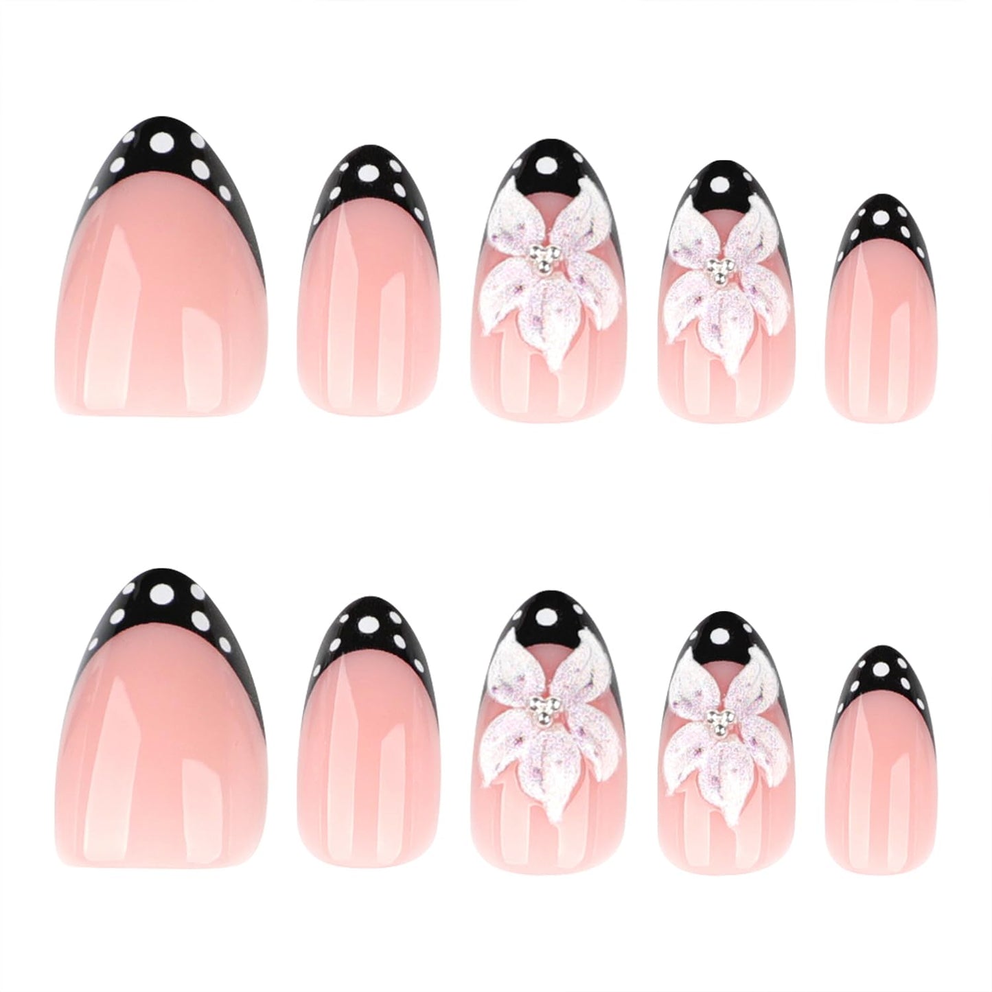 Mivota Luxury Press-On Nails | Short Almond French Tip in Nude Pink with 3D Flower & Polka Dot Design - Reusable, Salon Quality