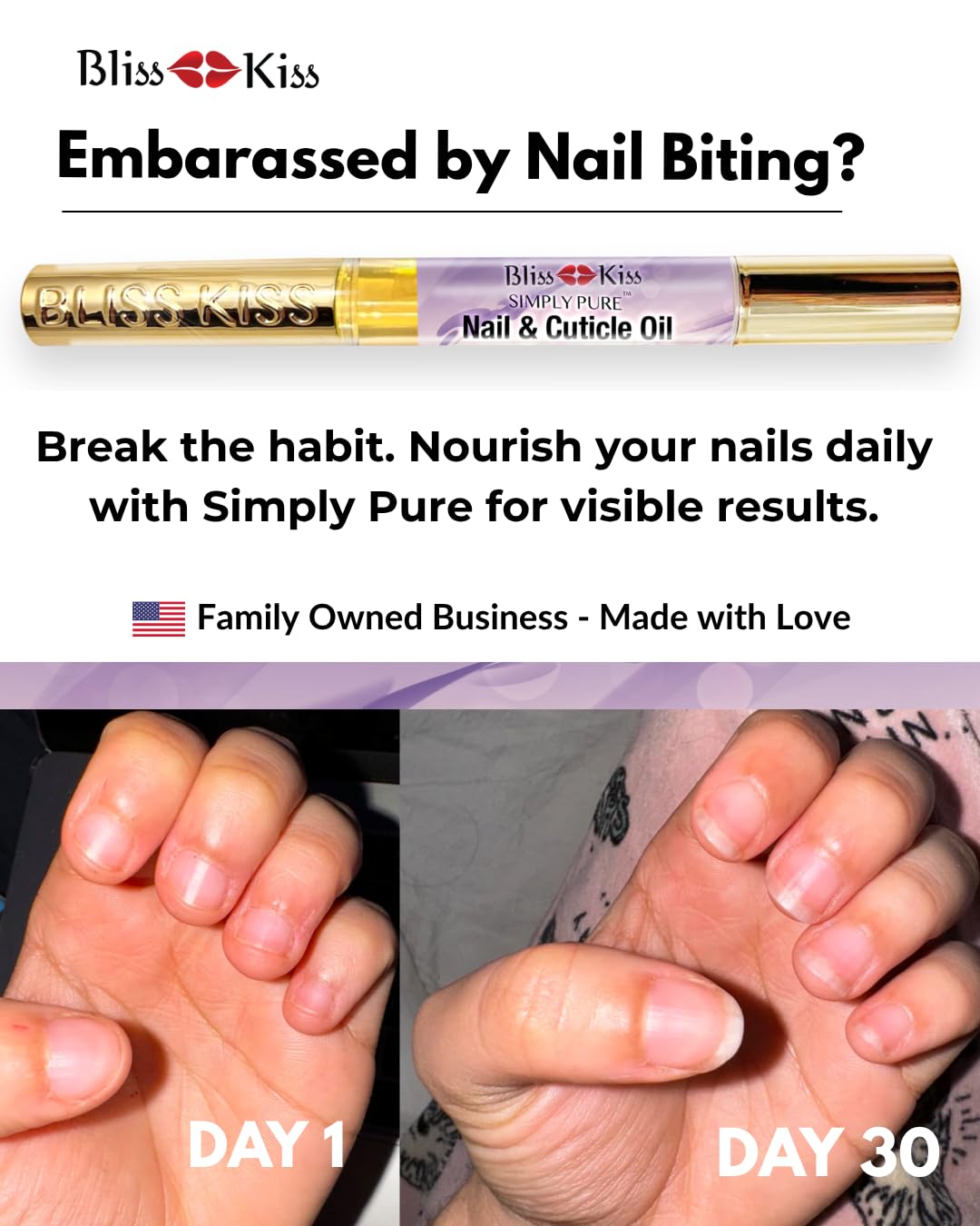 Bliss Kiss Nail Oil Cuticle Pen - Lavender Vanilla with Vitamin E & Jojoba | Nail Strengthener for Brittle Nails