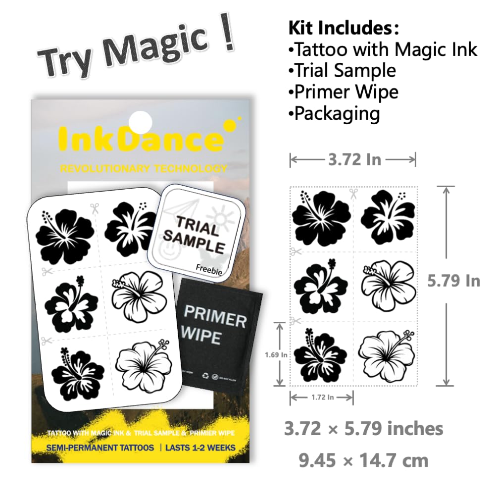 InkDance Semi-Permanent Tattoo, Aloha Noir, Tropical Hibiscus, Long Lasting Temporary Tattoos, Waterproof Plant-Based Ink, Lasts 1-2 Weeks, Color Develops in 24 Hours D091, Set of 6