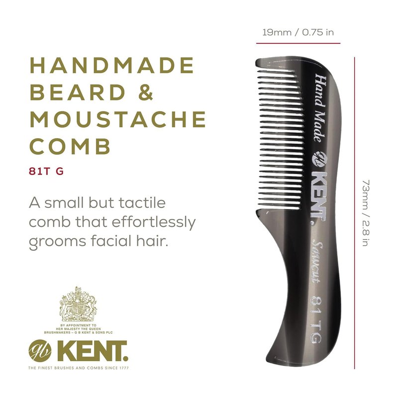 Kent A 81T Black Graphite X-Small Gentleman's Beard and Mustache Pocket Comb, Fine Toothed for Grooming and Styling. Saw-cut of Cellulose Acetate, Hand Polished. Hand-Made in England