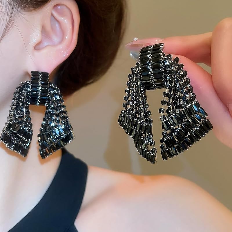 Missgrace Women's Black Silver Rhinestone Dangle Earrings with Bow & Tassels