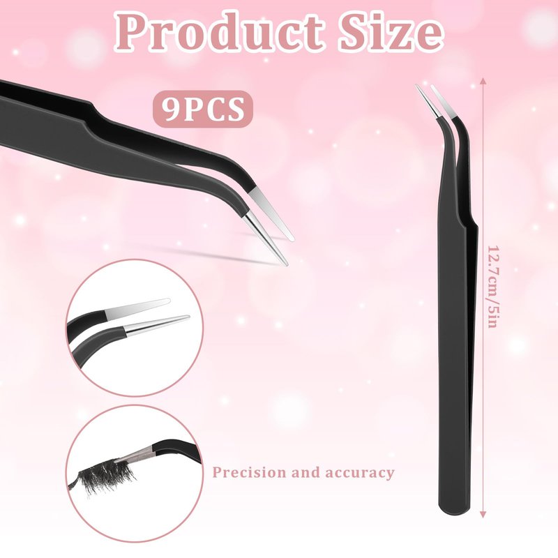 9 Pieces Craft Tweezers, Stainless Steel Curved Pointed Precision Tweezer Anti-Static Pointed Sticker Tweezers Fine Crafting Tweezer for Electronics, Soldering, Jewelry Making (Black)