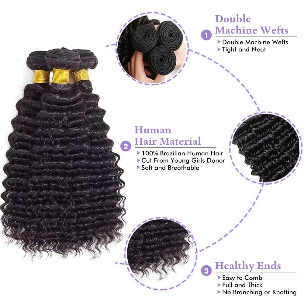 Human Hair Bundles Deep Wave Curly Bundle Human Hair Brazilian Virgin Hair 26 26 26 Inch 3 Bundles for Women 10A Grade Unprocessed Deep Curly Hair Bundle Weave Extensions Natural Black