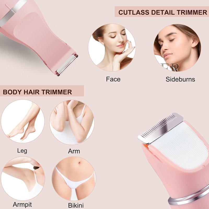 Bikini Trimmer for Women,2 in 1 Personal Elecrtric Razor Shaver Rechargeable with Snap-in Ceramic Blades,Lady Pubic Hair Private Area Legs Arms,Silver Pink