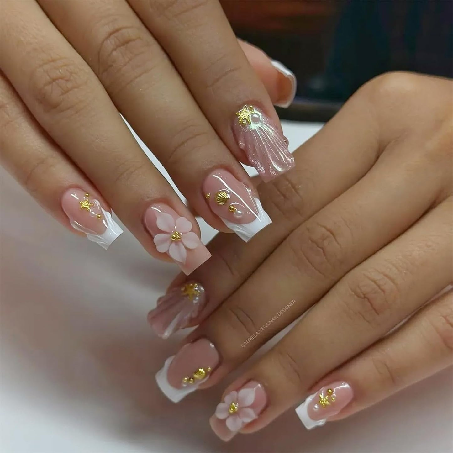 Almond Press-On Nails - White French Tip with 3D Gold Bow | Reusable Acrylic Full Cover, 24 Pcs