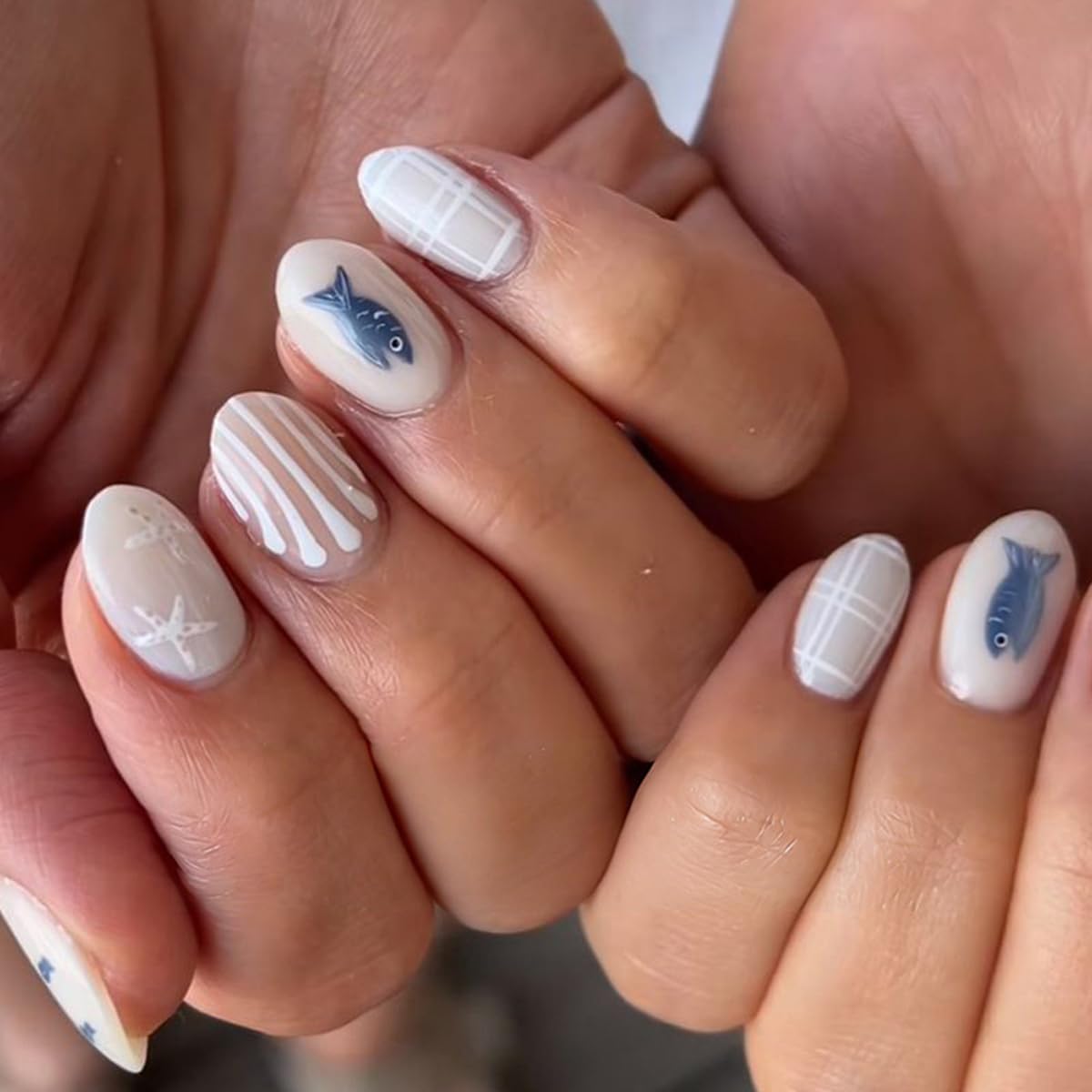 Press On Nails - Glossy Marble Medium Almond with 3D Flower & Gold Star Charms | 30 Pcs, Reusable for Ocean Beach Manicure