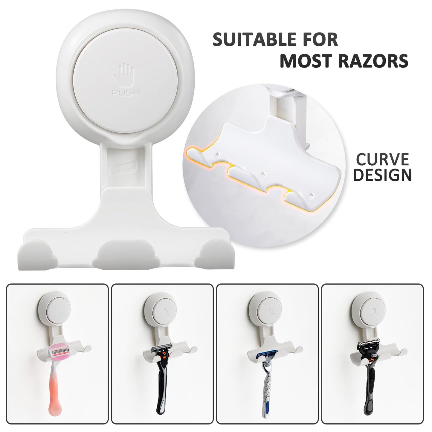 LEVERLOC Razor Holder for Shower 2 Pack, Powerful Suction Cup Shower Hooks for Towel, Loofah, Razor, Squeegee, Damage-Free Wall Hooks, Shaver Holder for Bathroom, Easy to Install and Reuse, White