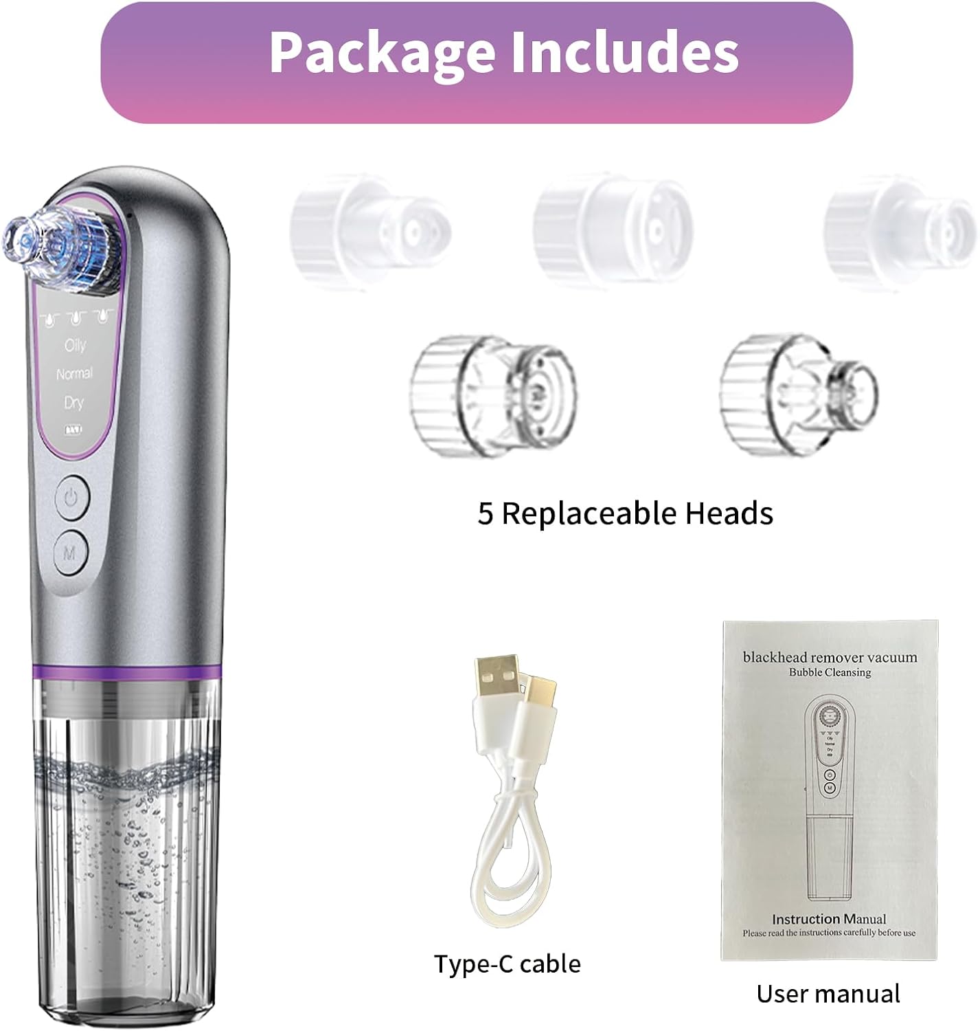 Blackhead Remover Vacuum - Facial Pore Extractor with 3 Suction Levels & 5 Heads for Deep Cleansing | Skin Care Tool