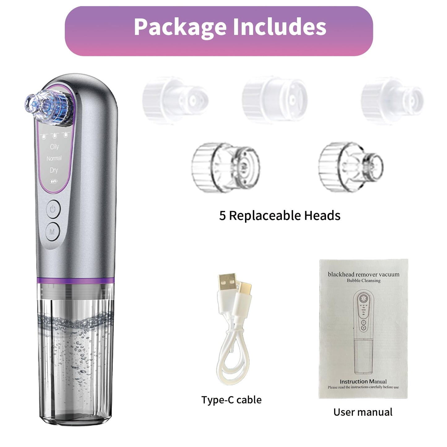 Blackhead Remover Vacuum with Microbubble Cleaning, Facial Pore Extractor & Pro Cleanser Tool, 3 Suction Levels, 5 Replaceable Heads for Deep Cleansing & Skin Care
