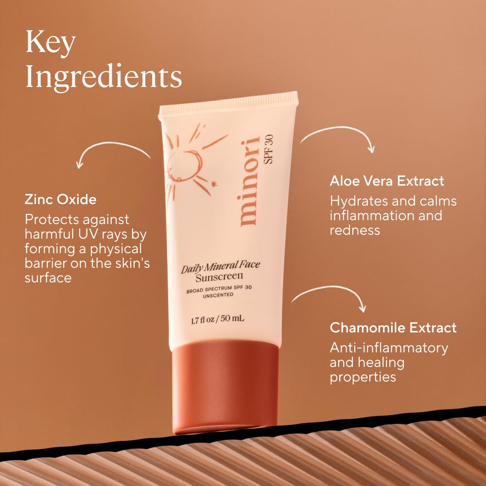 Minori Daily Mineral Sunscreen SPF 30, 100% Non-Nano Zinc Oxide, No White Cast, Non-Greasy, Pore-Smoothing Face Sunscreen, Unscented, Vegan, 1.7 fl oz