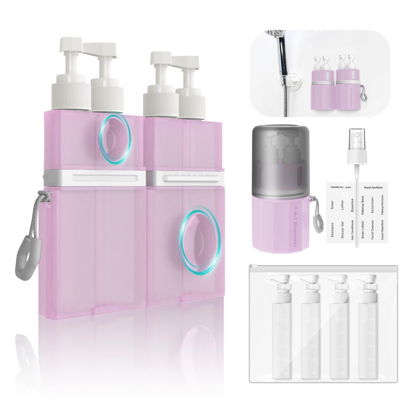YOTIME 4 in 1 Travel Dispenser Bottle - TSA Approved Leak Proof Silicone Suction Cup for Smooth Walls | Pink