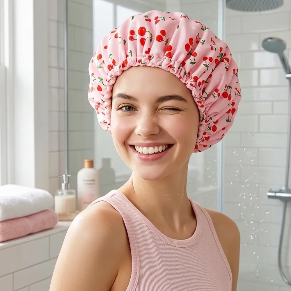 3 in 1 Shower Cap for Women, Pink Heart Print Reusable Waterproof Terry Lined Elastic Bath Wrap Long Braided Hair (Love)