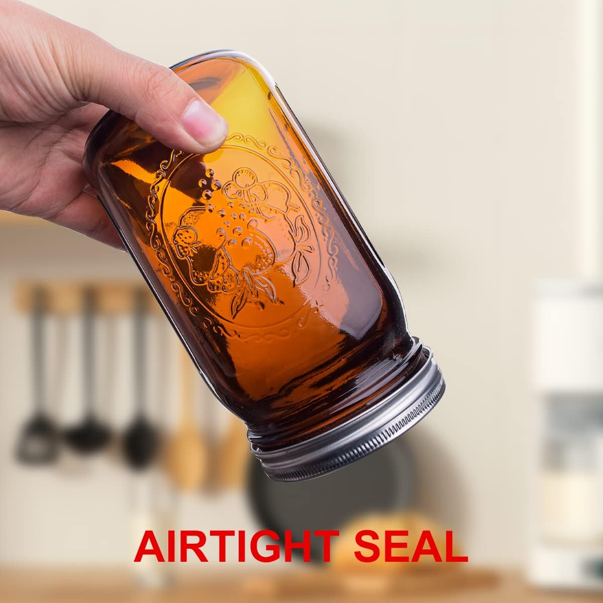 Amber Glass Mason Jars - 32 oz Wide Mouth Canning Jars with Airtight Lids | 6 Pack for Pickling & Fermenting