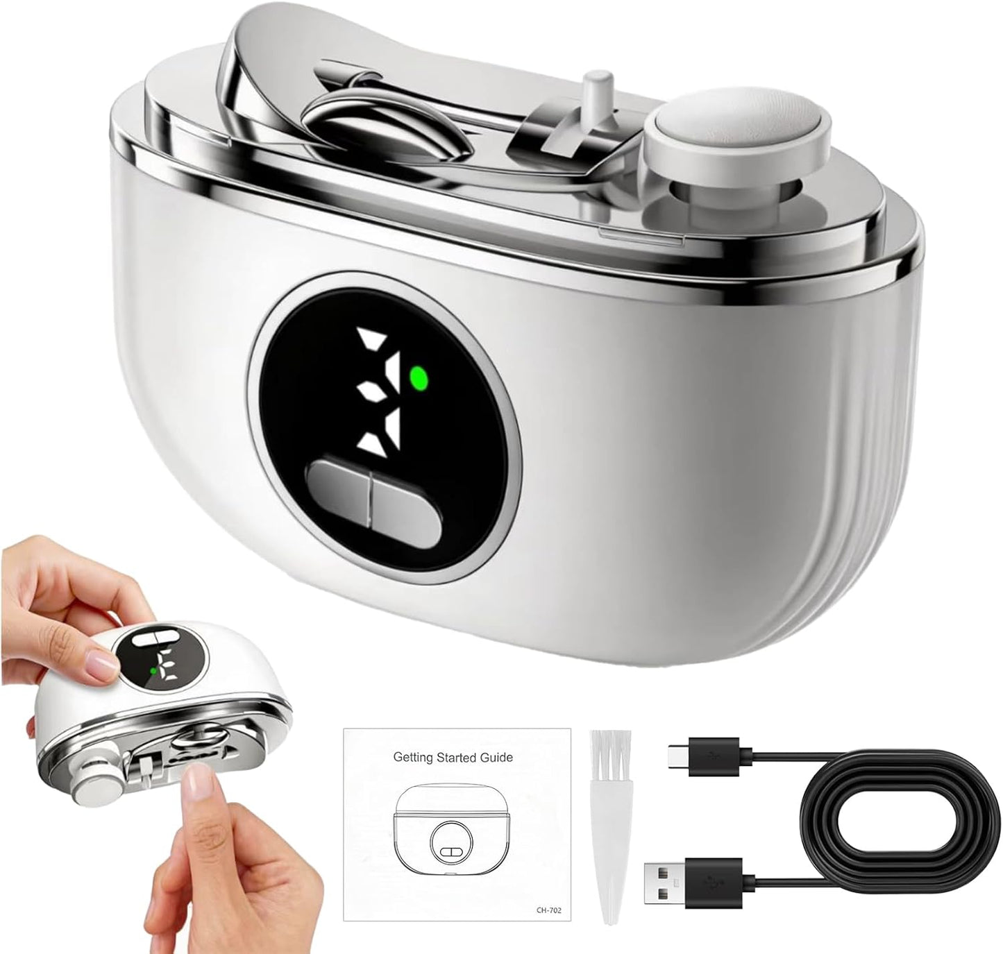 Automatic Electric Nail Clipper - 3-in-1 Dual-Blade Trimmer with LED Lamp & Storage | Rechargeable Safe Nail Care Tool for All Ages (White)