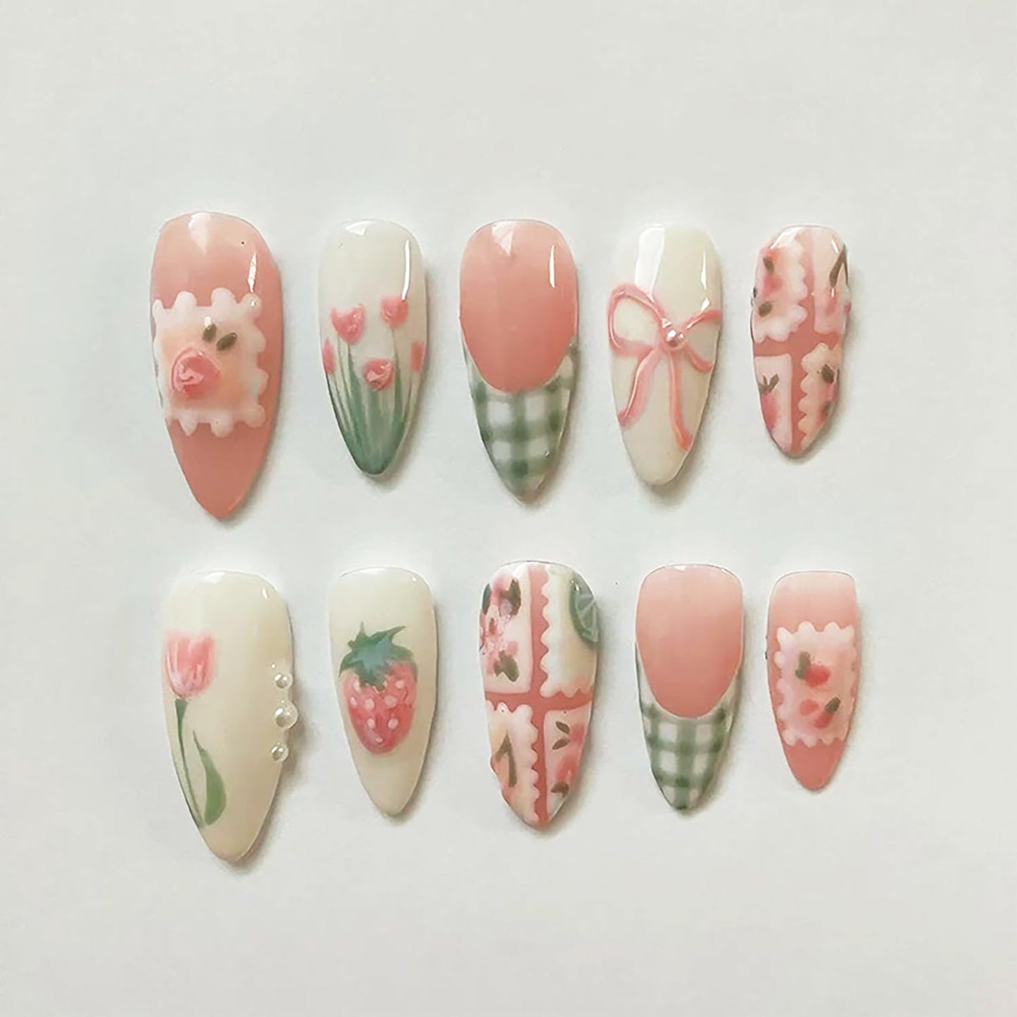 3D Lemon Blueberry Press-On Nails - Almond Shape Glossy Fruit Design | 30Pcs Handmade Acrylic Nail Art Tips for Summer