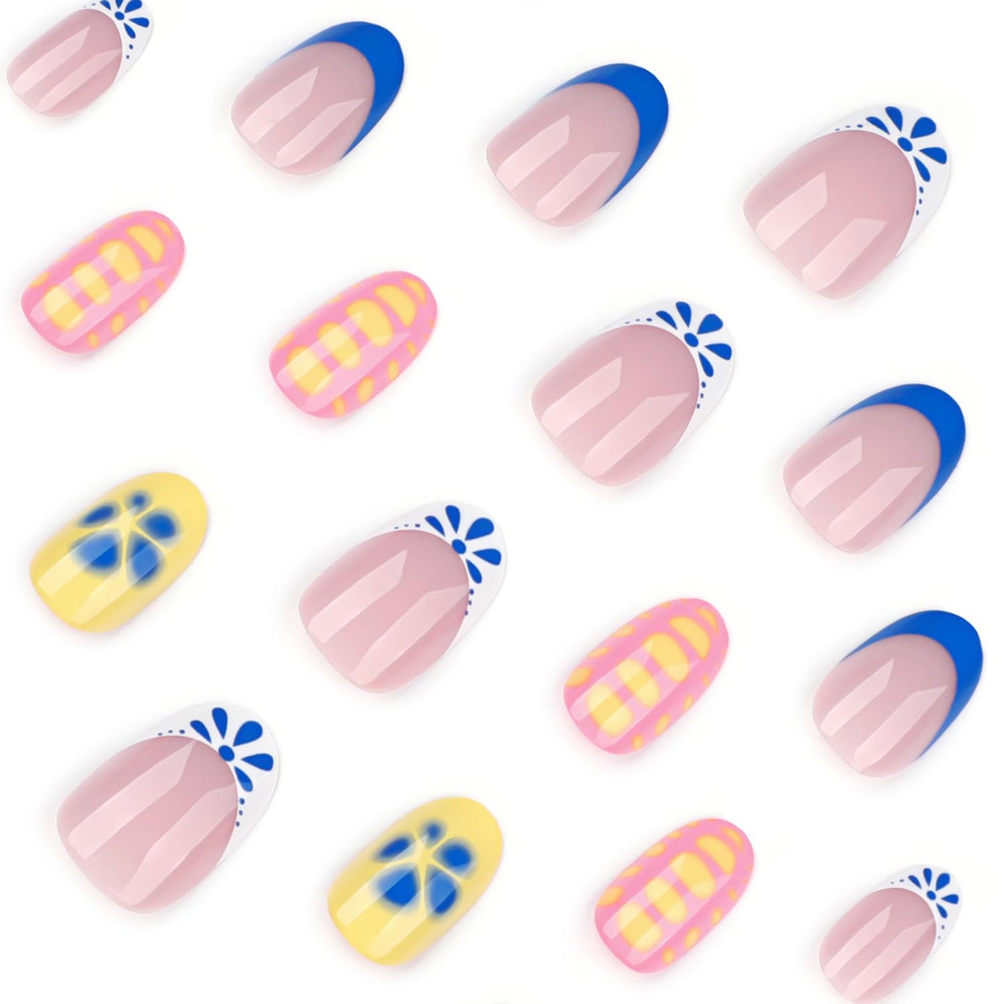 Nude Pink Press on Nails Medium Almond Fake Nails 3D Flowers Acrylic Nails Spring Artificial Nails Press ons Gold Irregularity False Nails with Rhinestone Designs Glue on Nails for Women Girls 24Pcs