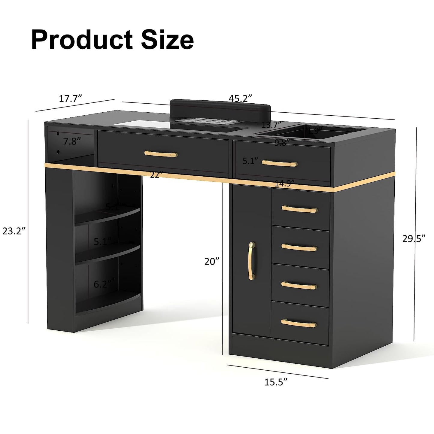 ELEVACHIC Manicure Table Nail Desk w/Electric Dust Collector, Glass Top Versatile Manicure Station for Nail Tech, Includes Wrist Cushion, Storage Cabinet & Drawers, Shelves, for Salon & Home, Black