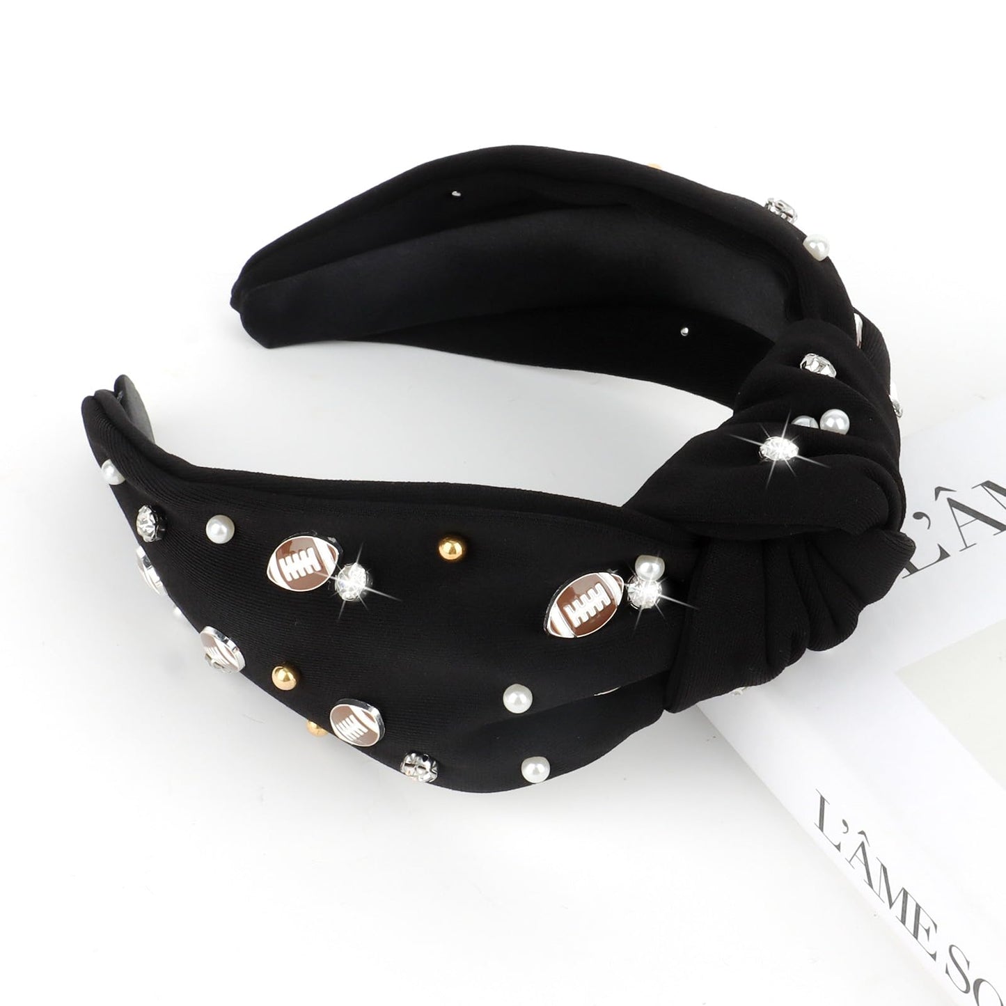 CIEHER Football Knotted Headband for Women Crystal Baseball Headbands Fun Sports Team Game Day Twisted Knot Hairband Spring Summer Football Hair Accessories for Baseball Fans Black Football Headband