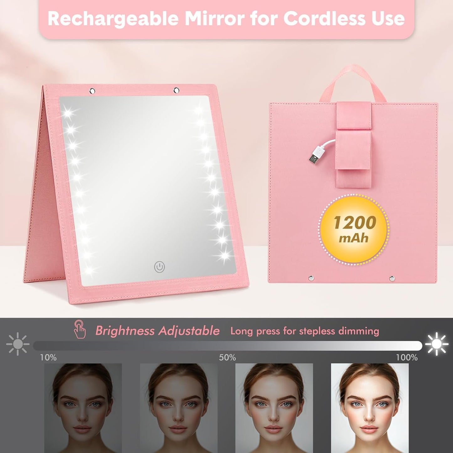 Lighted Hanging Mirror - Rechargeable LED Full Length Mirror with Adjustable Brightness | Portable Pink Travel Body Mirror for Dancers