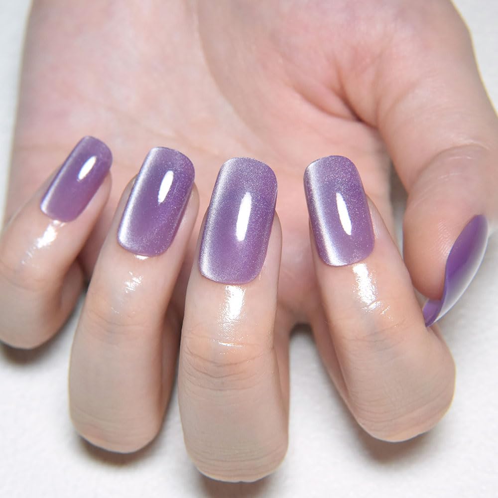 Cat Eye Press-On Nails - Lavender Purple Medium Square | Reusable Gel Acrylic with Holographic Glitter