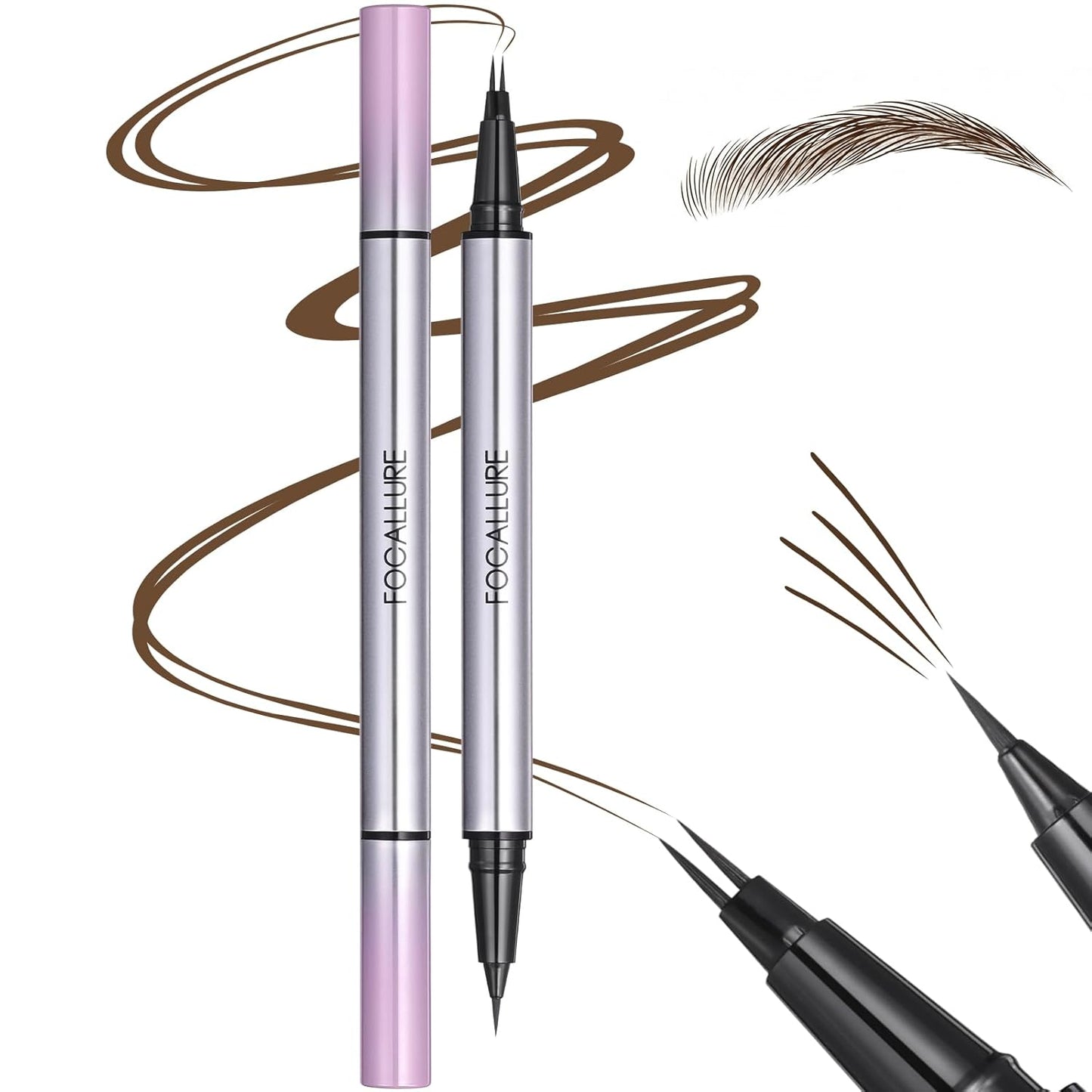 FOCALLURE 2-in-1 Dual-Ended Brow Pencil & Eyeliner - Waterproof Microblading Pen for Natural Hair-Like Strokes | Brown