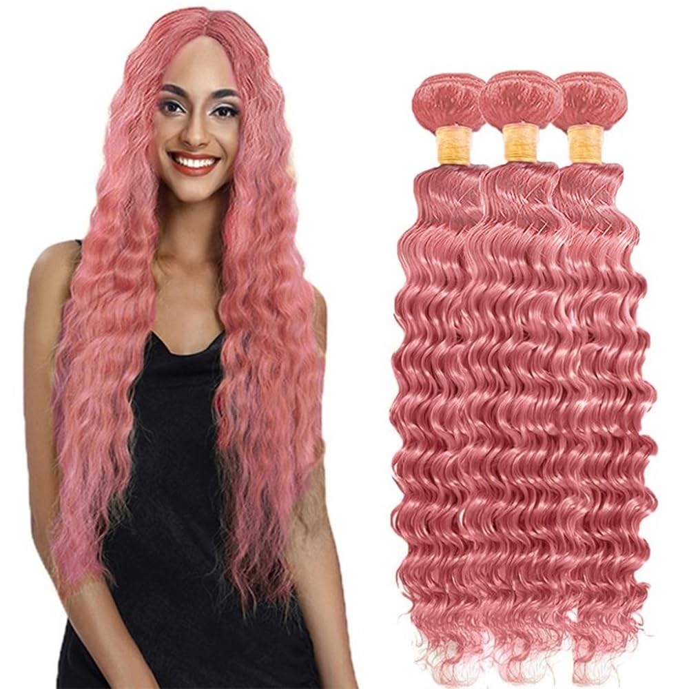 Pink Bundles Human Hair Deep Wave Bundles 22 24 26 Inch Unprocessed Brazilian Virgin Hair 3 Bundle 50 Gram Per Bundle Deals Quick Weave Hair Extensions