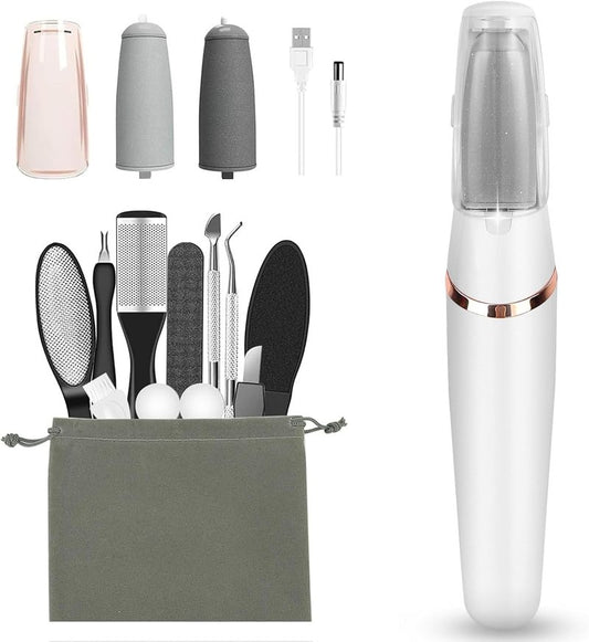 Electric Callus Remover - Rechargeable Pedicure Kit with 12 Tools | Smooth Feet & Remove Dry Skin (White)