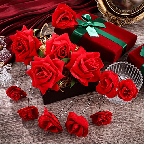 BBTO 12 Pcs Red Rose Hair Clips - 3D Floral Hair Pins for Weddings & Parties
