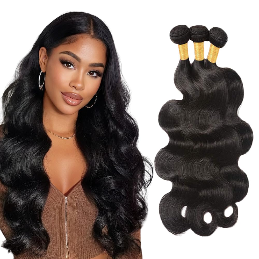 Body Wave Bundles Human Hair Bundles 12 12 12 Inch #1B Natural Black Color Body Wave 3 Bundle Unprocessed Brazilian Virgin Weave Hair Extensions 50 Gram Per Bundle for Black Women