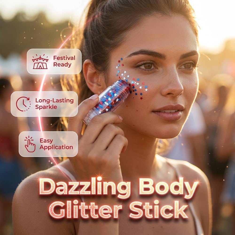Patriotic Hair Glitter Stick - Red, White & Blue Sparkle for Body & Hair | Perfect for Fourth of July Celebrations