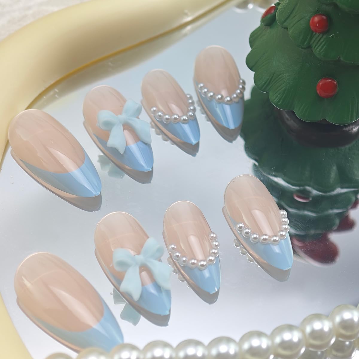 Blue French Tip Press-On Nails - 24 Pcs Medium Almond Acrylic with Pearl Glossy Designs & 3D Bow | DIY Manicure Decor