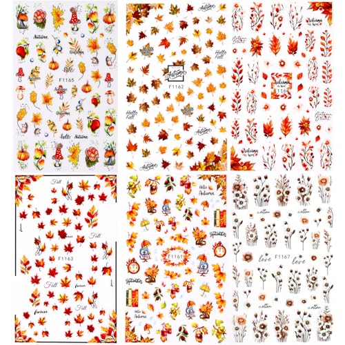 Qdsuh Style3 Fall Maple Leaf Nail Stickers 6 Sheets Autumn Thanksgiving Decor