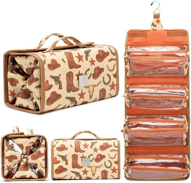Roll Up Makeup Bag - Travel Toiletry Organizer with 4 Clear TSA Approved Pouches | Hanging Cosmetic Bag for Men & Women