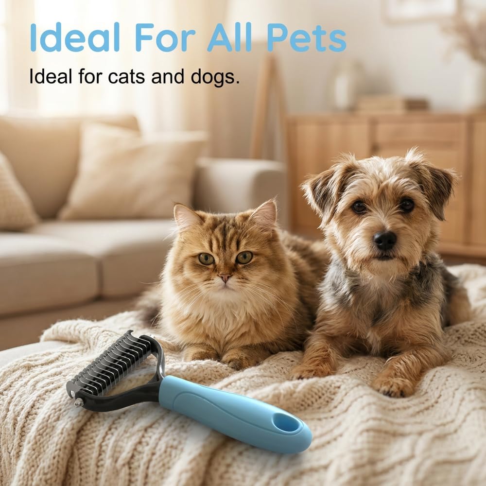 Pet Pro Grooming Tool, 2026 New Double-Sided Pet Grooming Brush, Multi-Functional Pet Brush, Portable Shedding Rake for Home Use, Professional Groomers (Blue, Medium)