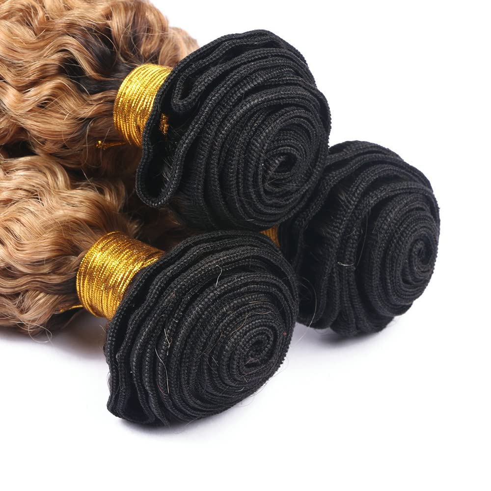 Freiuoke 26 28 30 Inch Honey Blonde Bundles Human Hair Ombre Deep Wave Bundle 27 Deep Wave 3 Bundles/150g Brazilian Virgin Hair Extensions