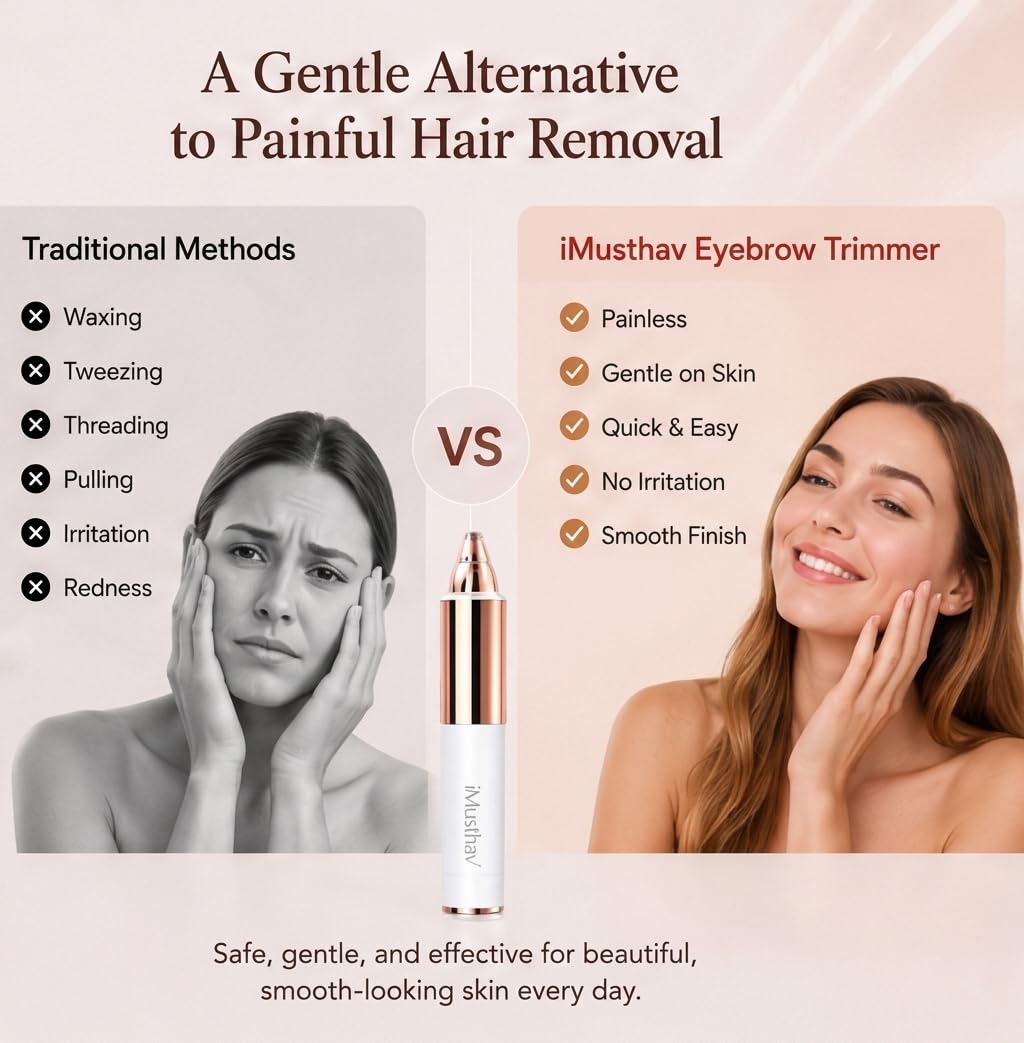 iMusthav Eyebrow Trimmer for Women, Precise & Painless Eyebrow Razor with LED Light, Electric Facial Hair Remover for Flawless Brows, Lip & Face, Battery Operated, Travel-Friendly, Gold-Plated Design