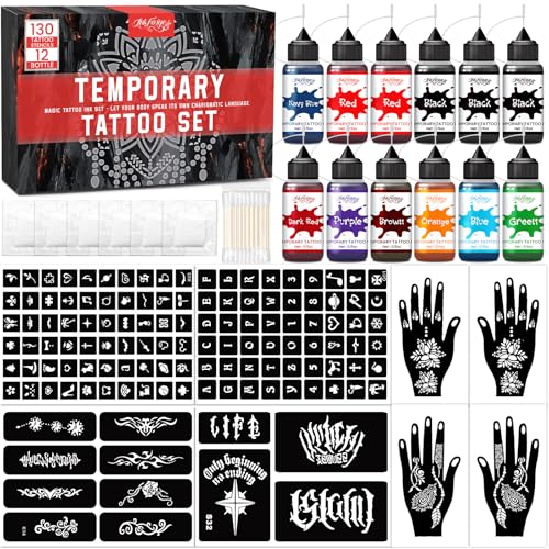12 Bottle Temporary Tattoo Ink Kit - 9 Colors & 130 Stencils