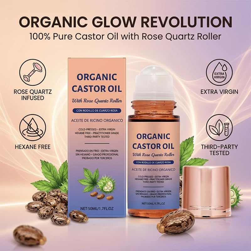 Organic Castor Oil Roll-On with Rose Quartz Roller | 100% Pure Cold Pressed for Face, Skin, Brows & Lashes - Travel Friendly (1PC)
