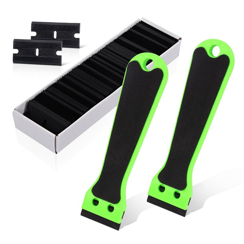 EHDIS 2pcs Plastic Razor Scraper 6-inch Long Handle Adhesive Remover Tool with 100 Double-Edge Blades for Window Tint Vinyl Scraper Decal Sticker Glue Remove (‌Neon-Green)