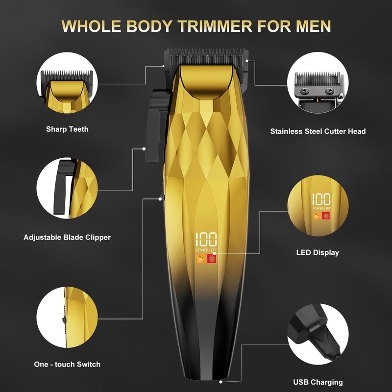 2-in-1 Professional Hair Clippers Set,Cordless Hair Clippers and T-Blade Trimmer Kit for Men,LCD Display,USB Rechargeable,Adjustable Guards,Waterproof,Beard & Body Grooming Kit (Gold)