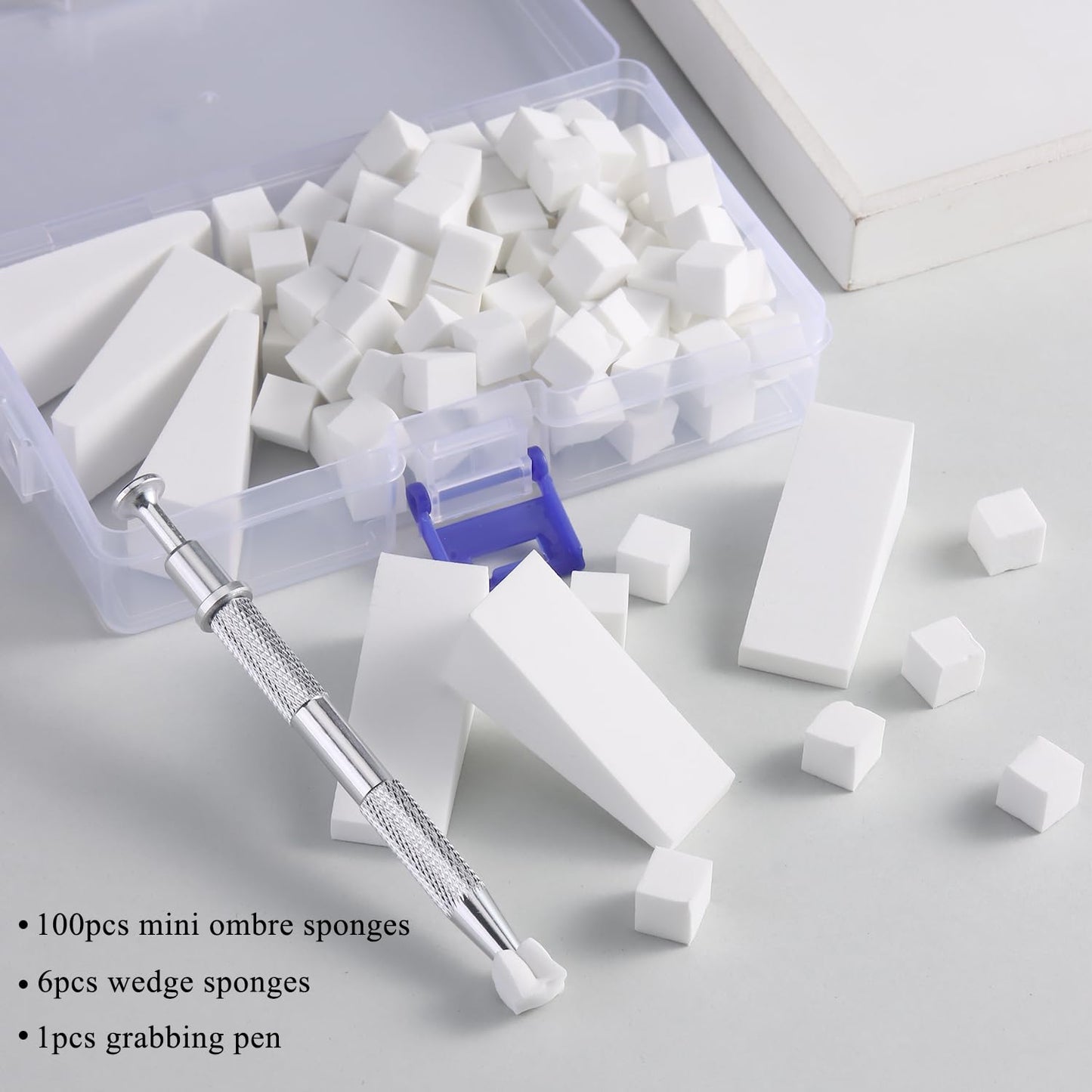 Soft Nail Sponges for Ombre & Gradient Effects - 100 Pcs White Nail Art Sponges with 6 Wedge Sponges & Grabbing Pen