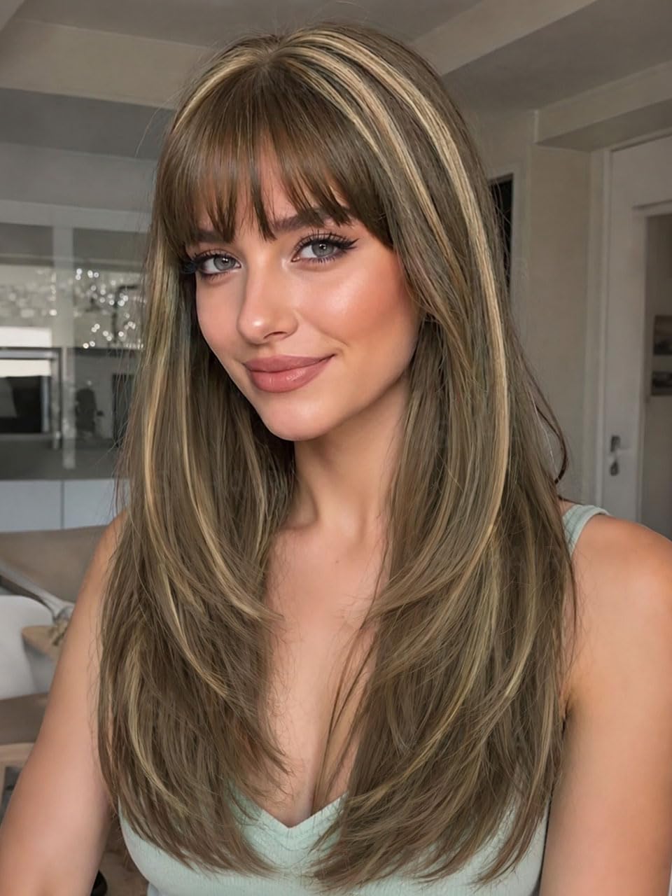 Ash Beige Blonde Wig with Highlights - Beginner Friendly Middle Length Straight Wig for Women | Natural Layered Bangs